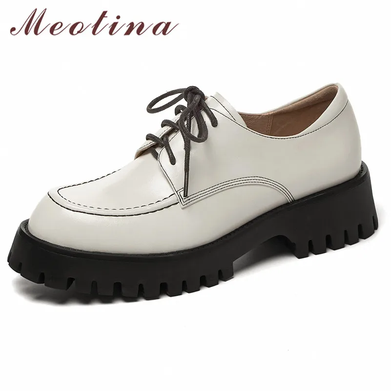 Meotina Pumps Women Genuine Leather Platform Mid Heel Shoes Round Toe Ladies Footwear Block Heels Lace Up  Footwear Black 34-40