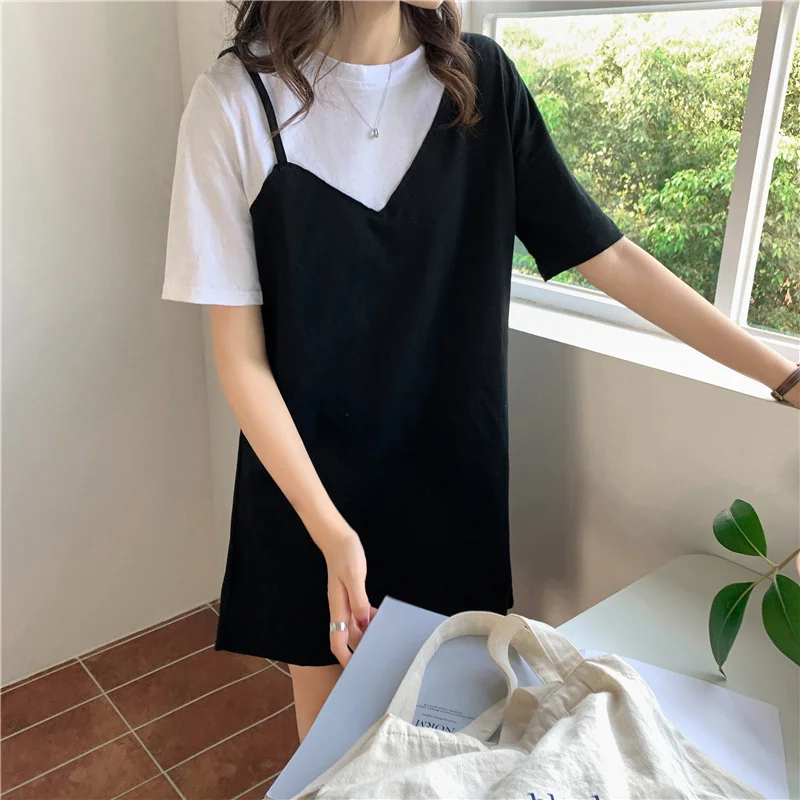 

Fake Two-Piece Elegant Shirt Bodycon Casual Korean Dress For Women Summer Clothes Harajuku Korean Japan 2021 New Fashion Lady