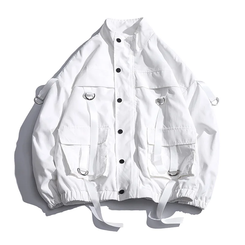 

Men Military Jacket Coats Casual Windbreaker Ribbons Pockets Men's Overalls Bomber Jacket Hip Hop Streetwear Man Outwear New