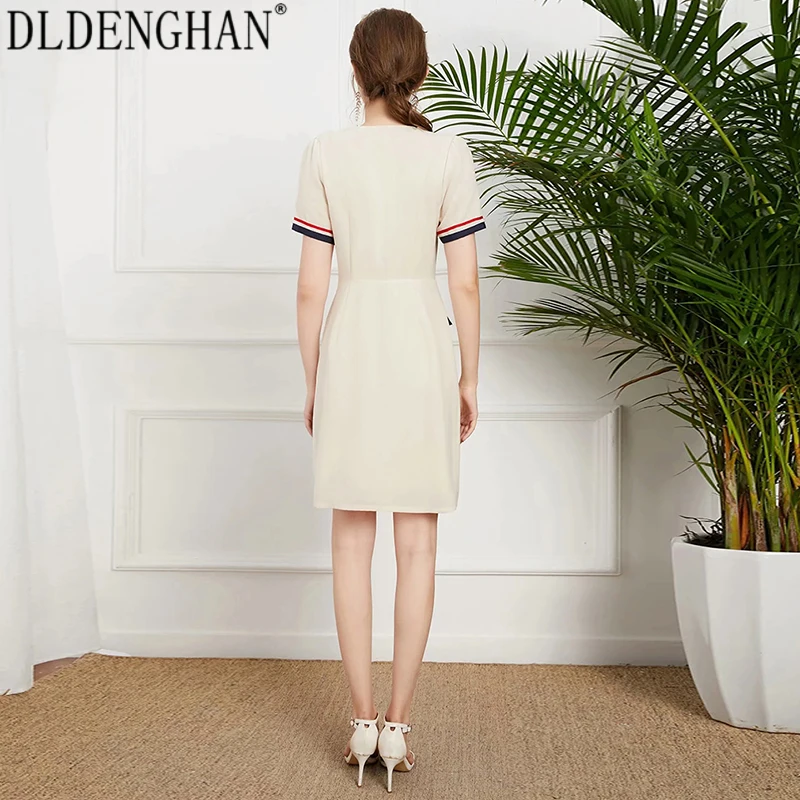 

DLDENGHAN Designer High Street Stripe Patchwork Dress For Women Pearl Button Turn-Down Collar Short Sleeve Dresses Summer New