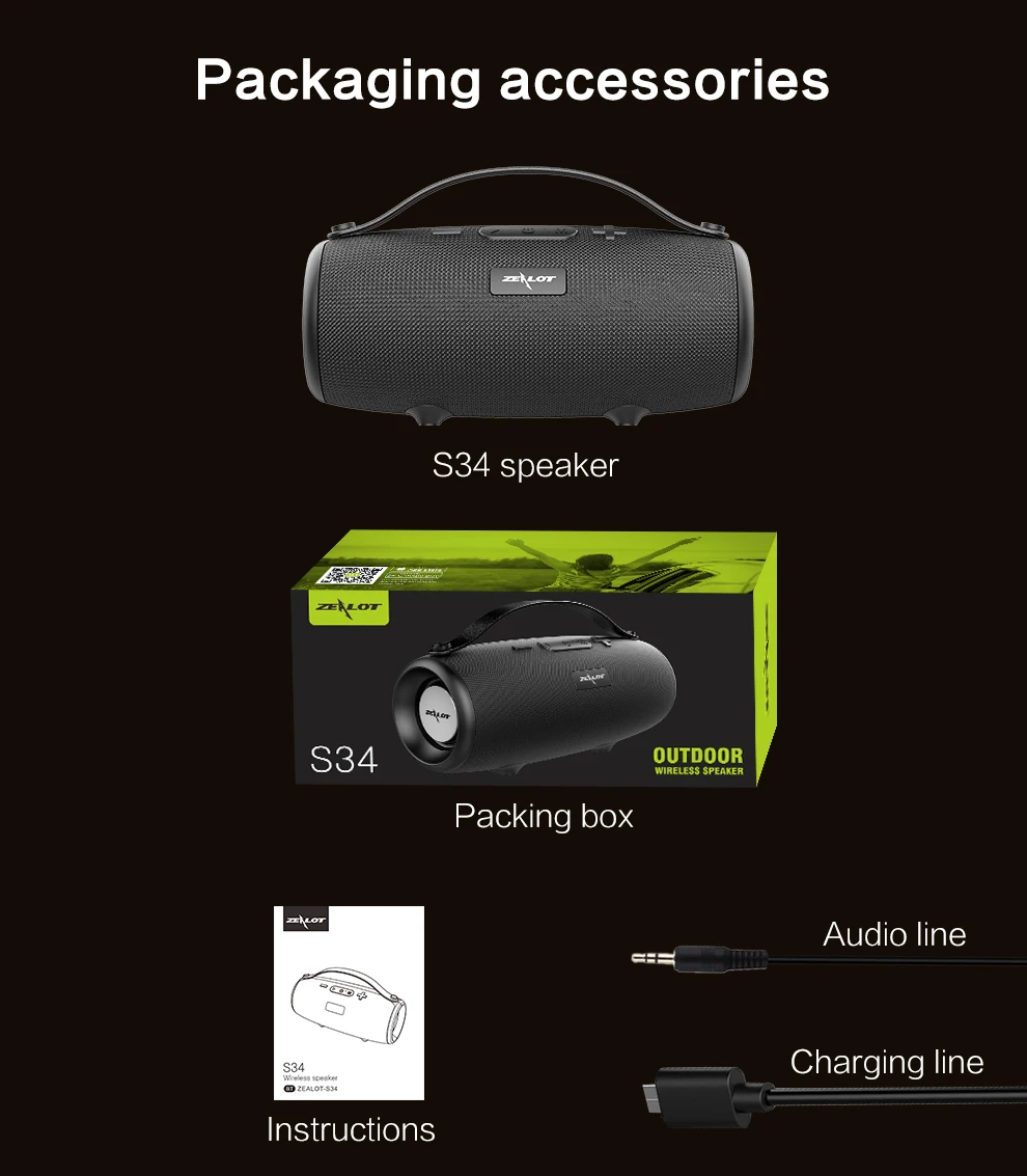 

NEW S34 Portable Wireless Hifi Speaker Bluetooth Speaker Subwoofer Speakers with Mic Support TF Card,AUX,USB Flash Drive