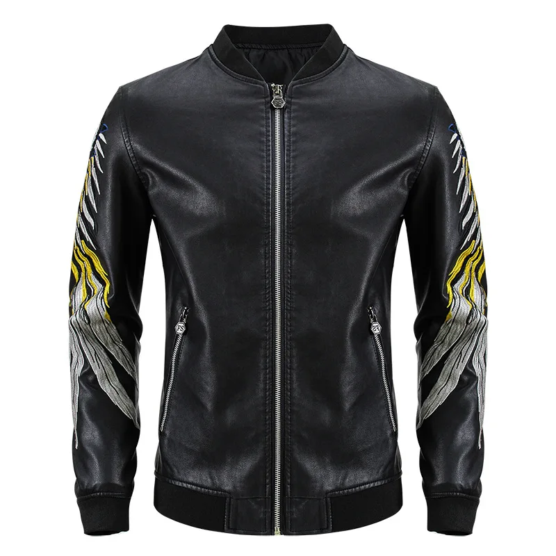 

2021 fashion autumn new men's leather pu jacket locomotive self-cultivation Korean youth tide embroidered flight suit jacket