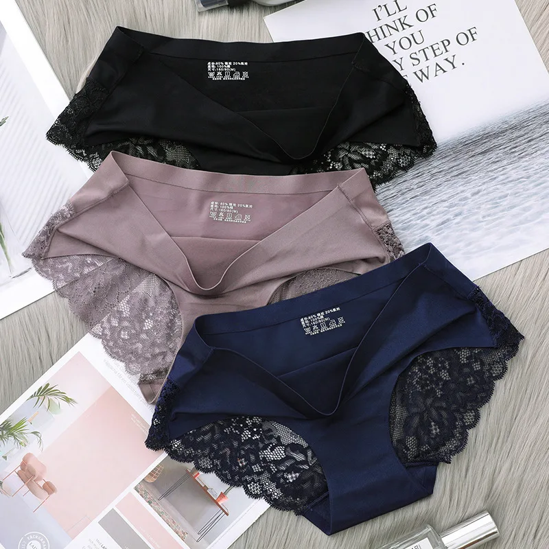 

Fashion Ice Silk Lace Underwear Women Panties Sexy Briefs Seamless Lingerie XXL Plus Size Girls Ultra Thin Bikini Traceless
