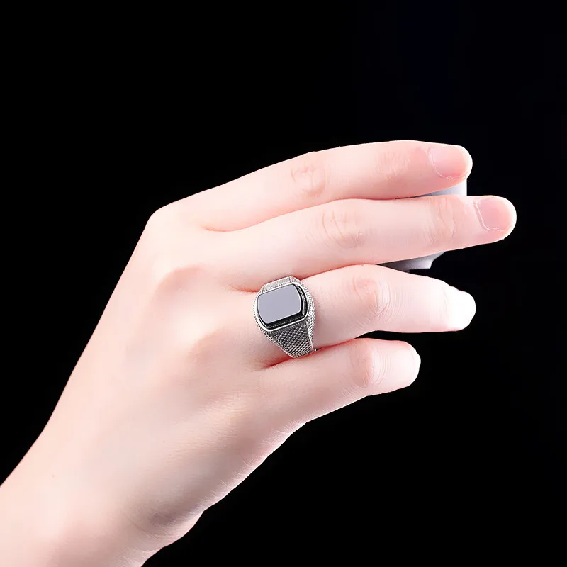 

Real 100% 925 Sterling Silver color Open Size Vintage Wedding Rings Black Stone Ring for Men Women Thai Silver Jewelry Gifts