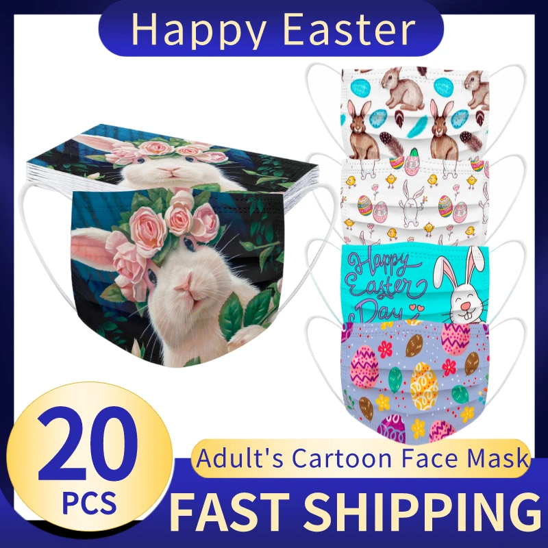 20pc Adult's Easter Day Mask Disposable Face Industrial 3-Layer Masks Egg Rabbit Print Protective Mascaras mascarillas | Красота и