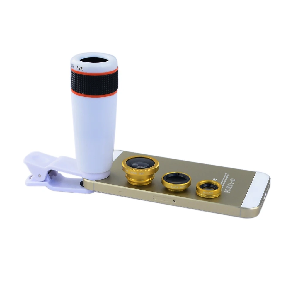 

10PCS/LOT Universal Camera Phone Lens Kit 12XTelephoto Lens+ Wide Angle & Macro+ Fisheye Fish eye Lens for iPhone Samsung HTC