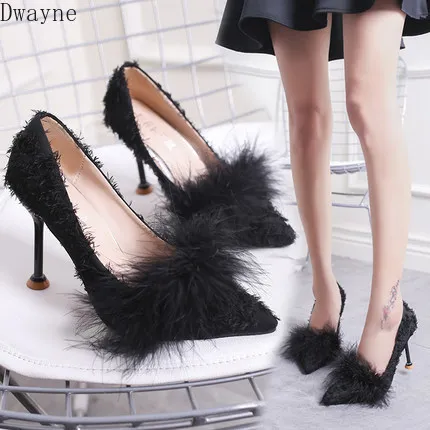 Женские туфли на высоком каблуке с мехом Новинка 2019 года острым закрытым носком в