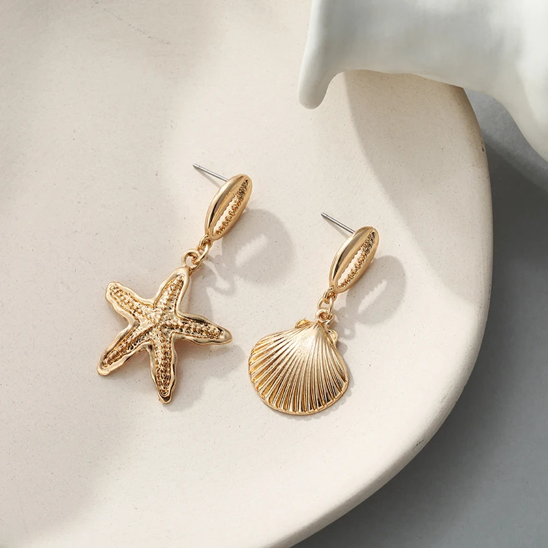Корейские Эффектные серьги асимметричные сережки морская звезда золотые