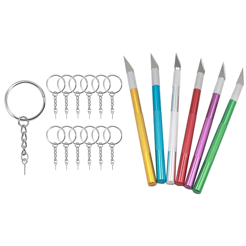 

6 Pcs Aluminum Alloy Leather Carving Knives & 200 Pcs Key Rings and Pins in Bulk