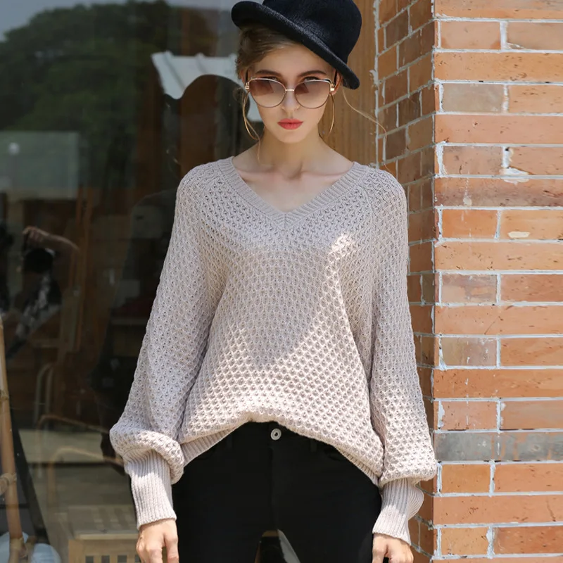 

Donsignet Women's Sweater Autumn New Fashion V-neck Pullover Solid Color Loose Knit Long Sleeves Sweater Women's clothing