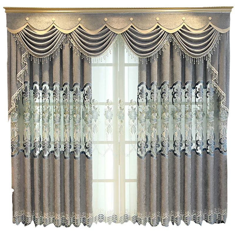

Luxury Jacquard Semi Blackout Curtains for Bedroom Hollowed Floral Embroidered Chenille Grey Sliding Glass Door Drapes m118-4