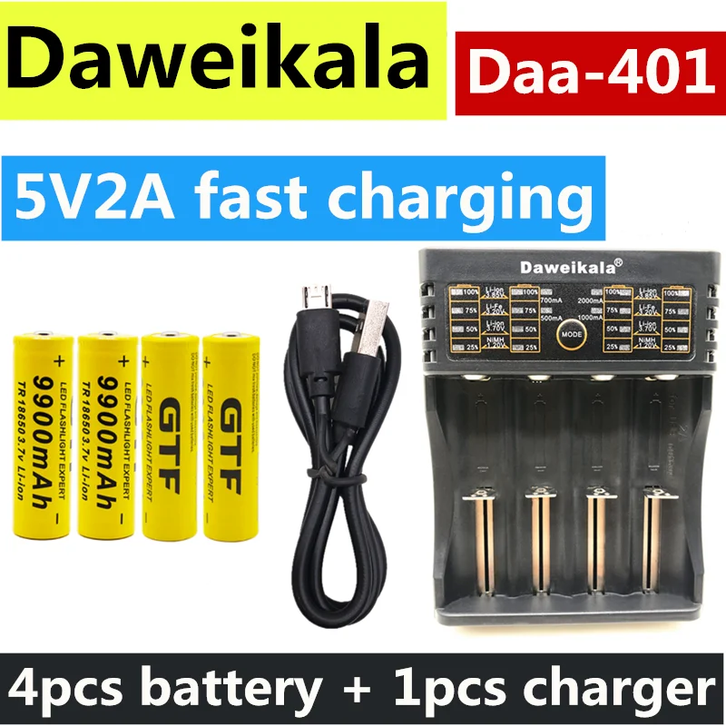 

4pcs 18650 battery 3.7V 9900mAh rechargeable liion battery with charger for Led flashlight batery litio battery+1pcs Charger