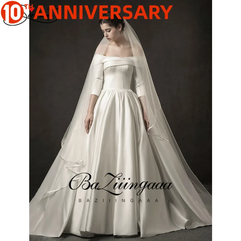 BAZIIINGAAA роскошный белый воротник атласное свадебное платье ткань гладкая со