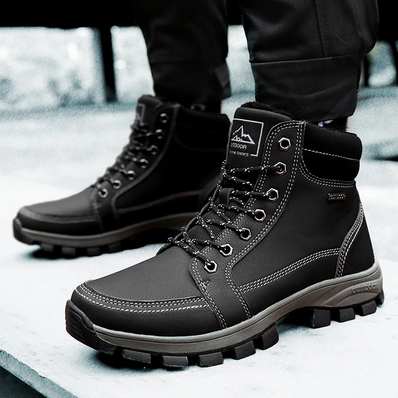 

Handmade Outdoor Non-slip Black Men Boots Cashmere Plush Keep Warm Walking Ankle Winter Shoes New Fur Snow Botas Zapatos Hombre