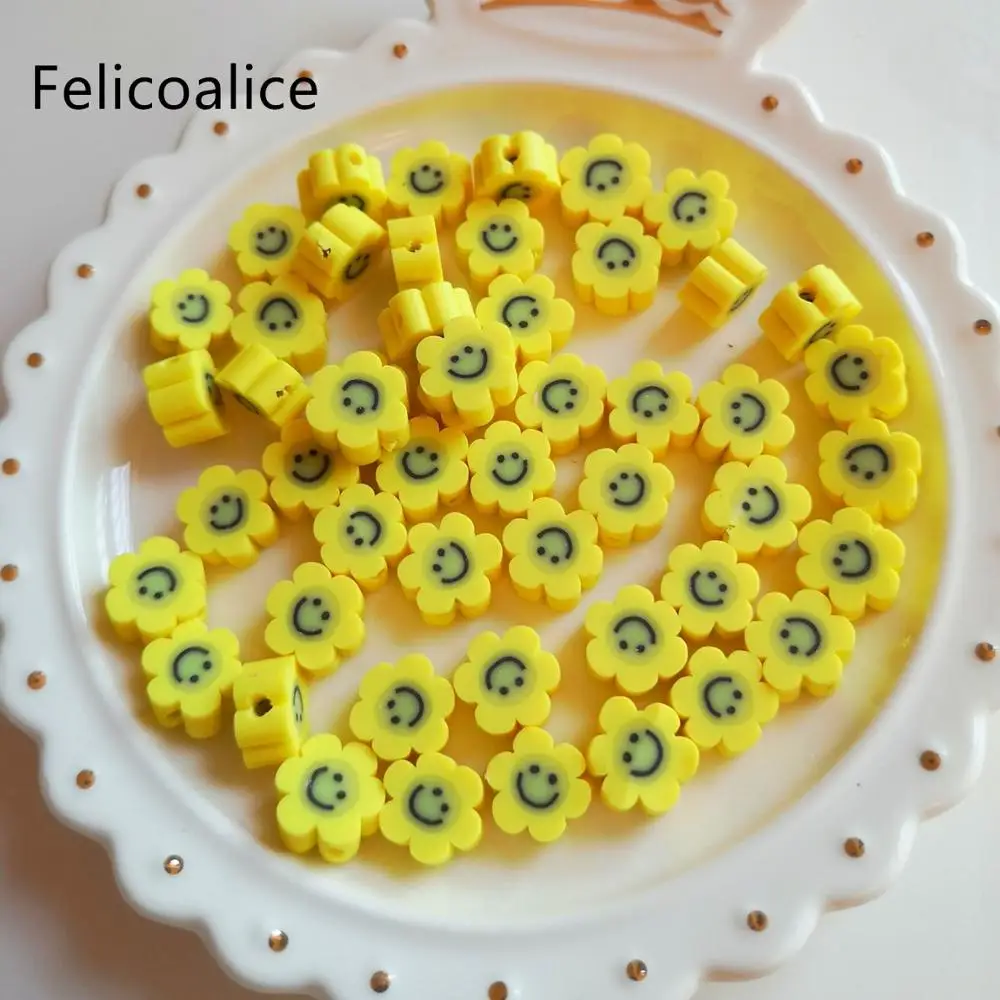 

1000pcs 10mm Yellow Flat Back Smiley Face Flower Polymer Clay Shape Spacer Beads For DIY Handmade Jewelry Craft Accessories