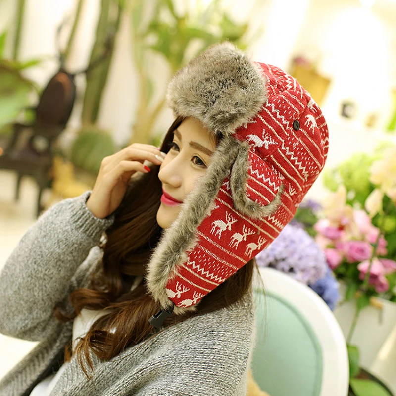 

Russian Fur Hat Ushanka Black White Bomber Hats Female Ear Flaps Winter Thick Warm Knitting Outdoor Trapper Hat