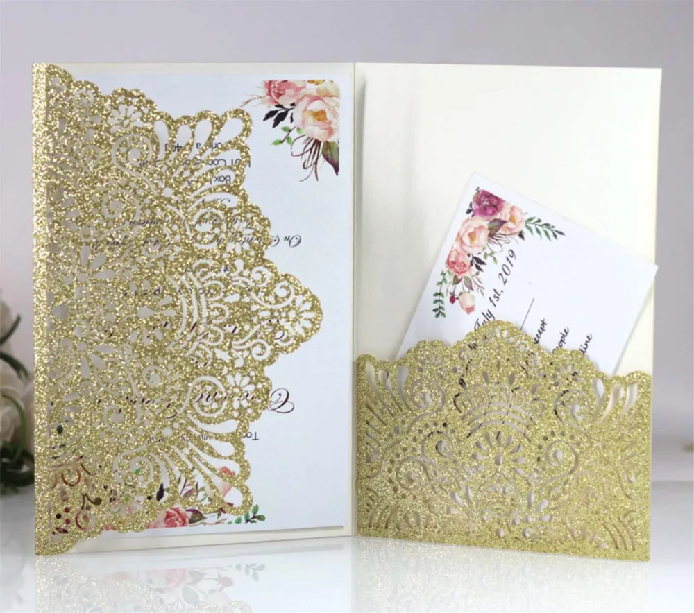 

Glitter Gold Invitation Cards Hollow Floral Laser Pocket Wedding & Party Invites Customized Text Printing 50pcs Per Lot