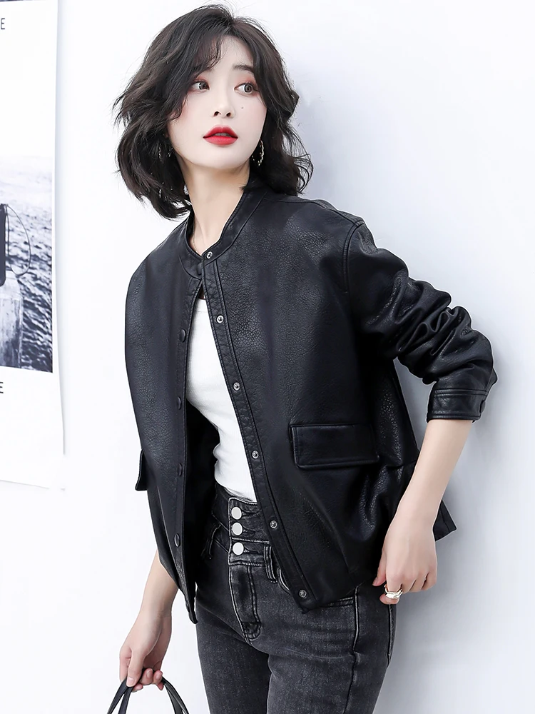 New Women Sheepskin Outerwear Spring 2022 Designer Moto Biker Coat Fashion O-Neck Solid Color Loose Short Sheep Leather Jacket