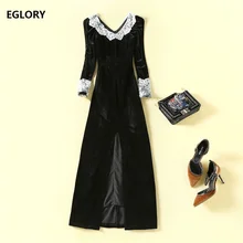 Black Velvet Long Dress 2020 Autumn Winter Evening Party Women V-Neck White Lace Patchwork Long Sleeve Sexy Bodycon Dress Events (2)
