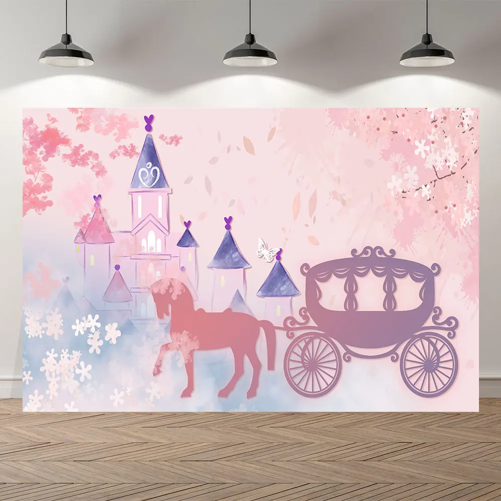 

Фон для фотосъемки с изображением замка принцессы кареты детского дня рождения девочки цветы вечеривечерние карета дворец лес Вишневый Ро...