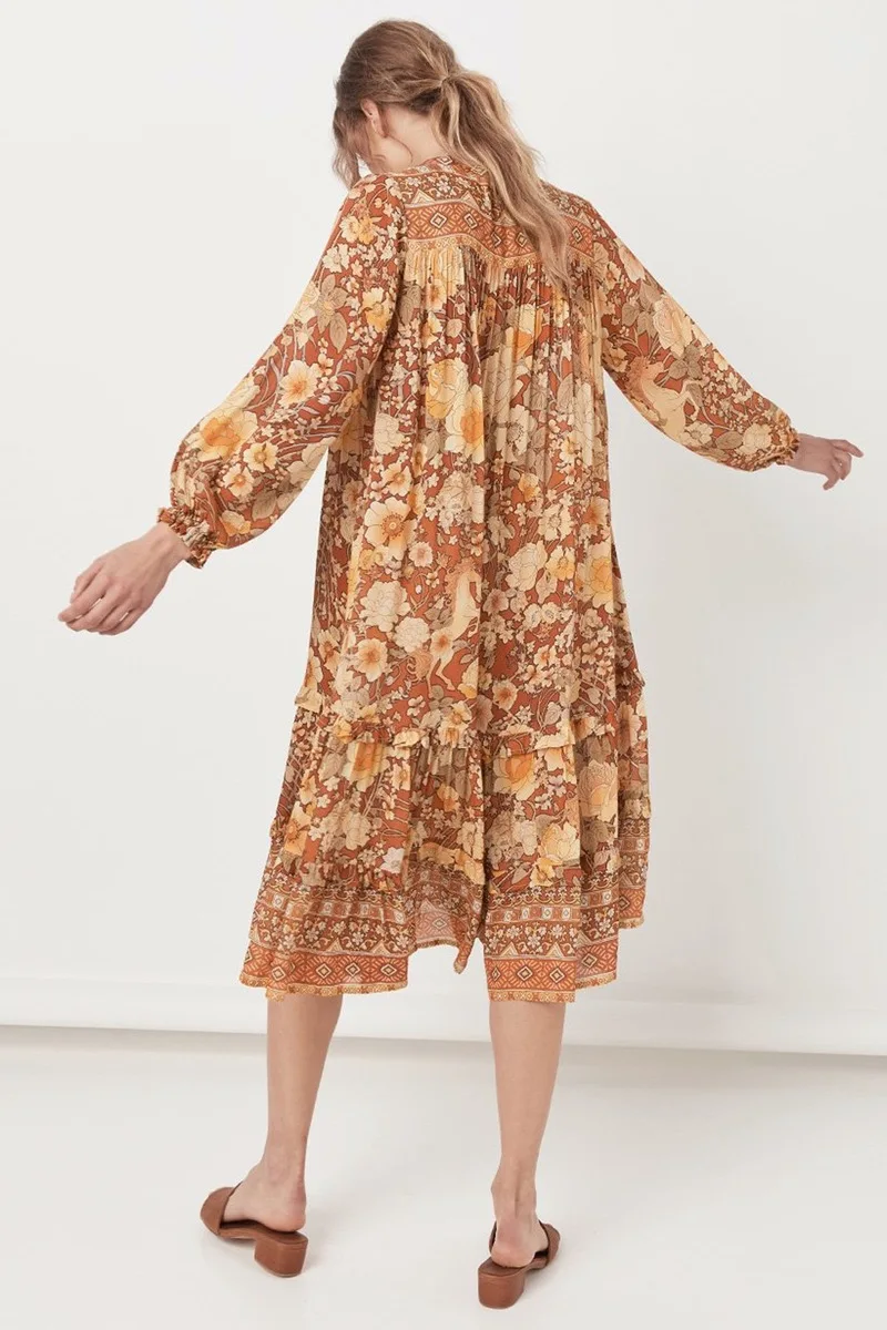 

Bohemian Retro Floral Print Dresses Long Beach Dress Loose Long Sleeve Deep V-neck Printing Sexy Party Dress Vestidos De Fiesta