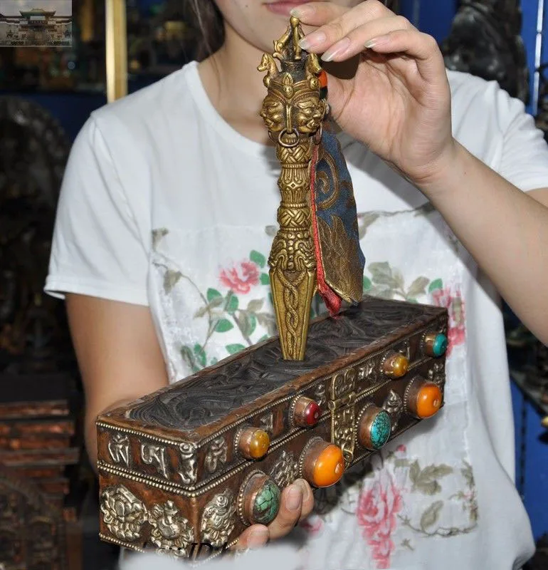 

Christmas Old Tibetan Tantra Buddhism Bronze Dorje Vajra phurpa Dagger FaQi Wood Boxes Set New Year