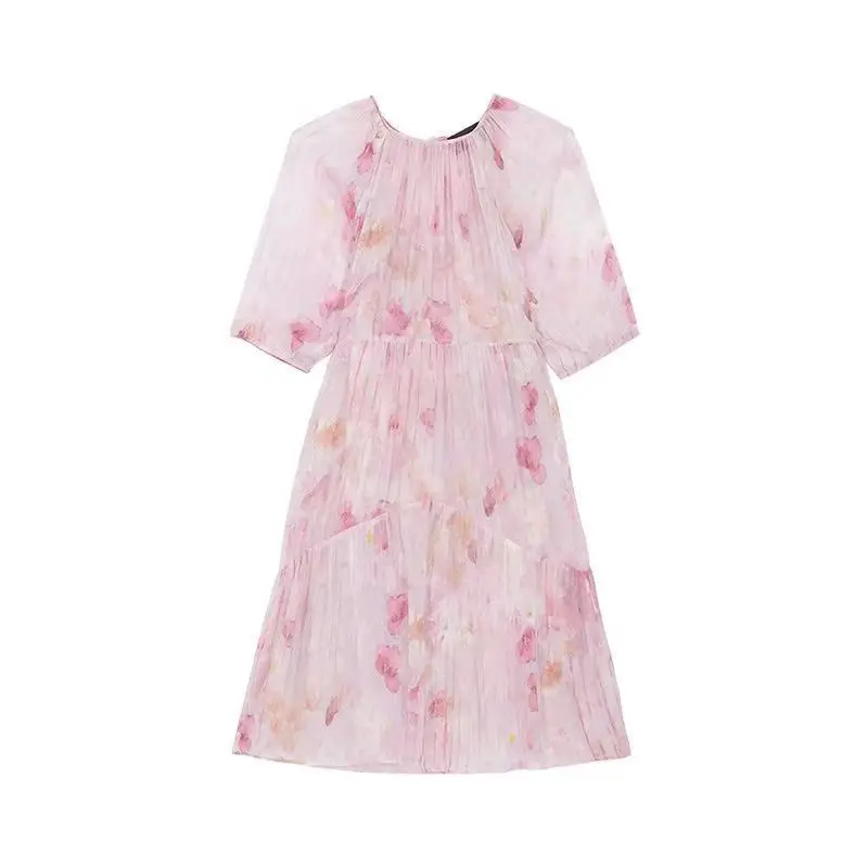 

TK home 2021 spring and summer new rayon pleated fabric halo dye flower print bubble sleeve dress women's 17030