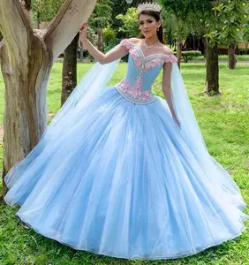 Light Sky Blue Beaded 2021 Sweet 16 Quinceanera Dresses Off The Shoulder Flower Appliqued Formal Evening Prom Dress Princess