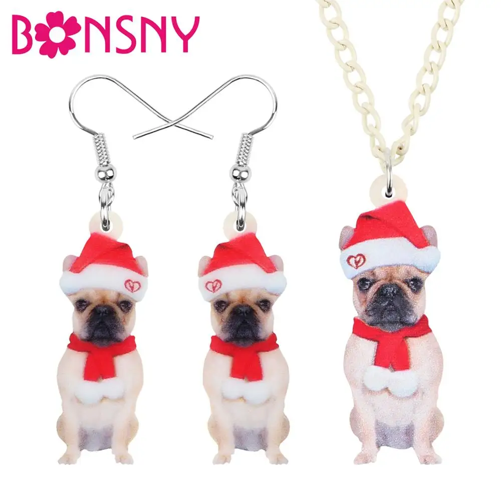 Bonsny Акриловая Рождественская шапка шарф мопс собака ювелирный набор животное