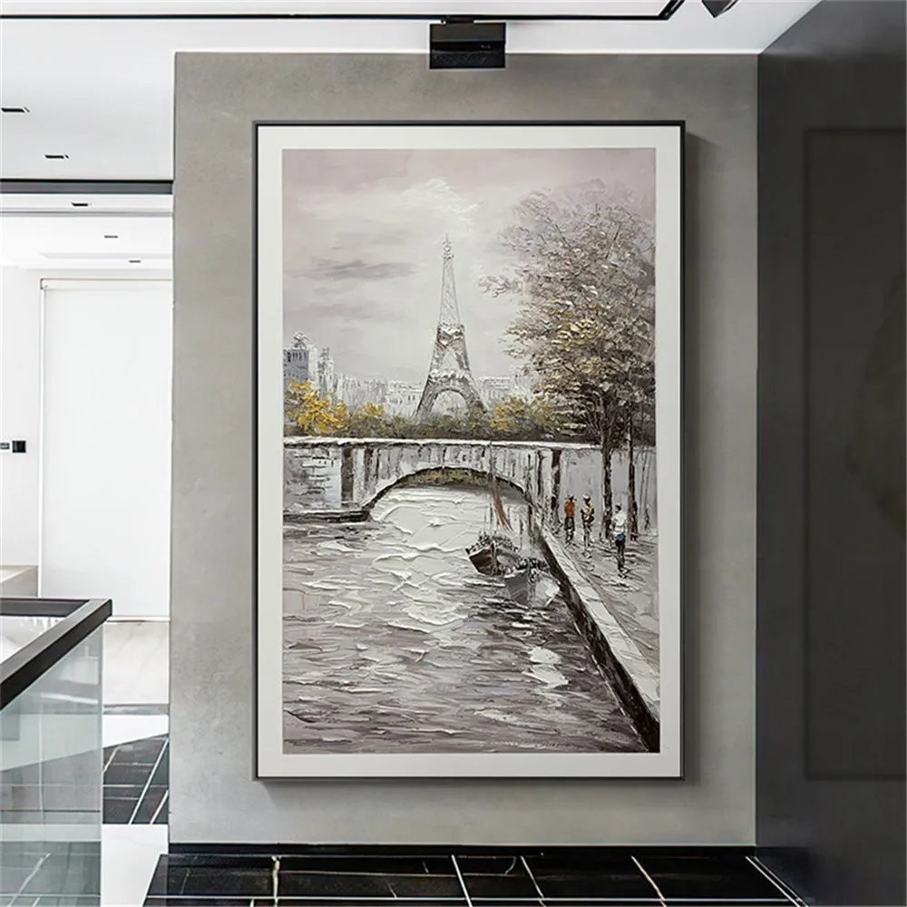 

Картина маслом на холсте, текстурированная белая и серая Европейская пейзаж, пейзаж, Эйфелева башня, ручная работа, домашний декор