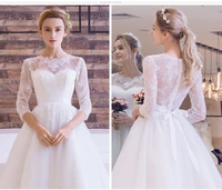 2020 elegant short lace applique wedding dresses vestido de noiva boat neck lace back a line three quart sleeve tulle bridal