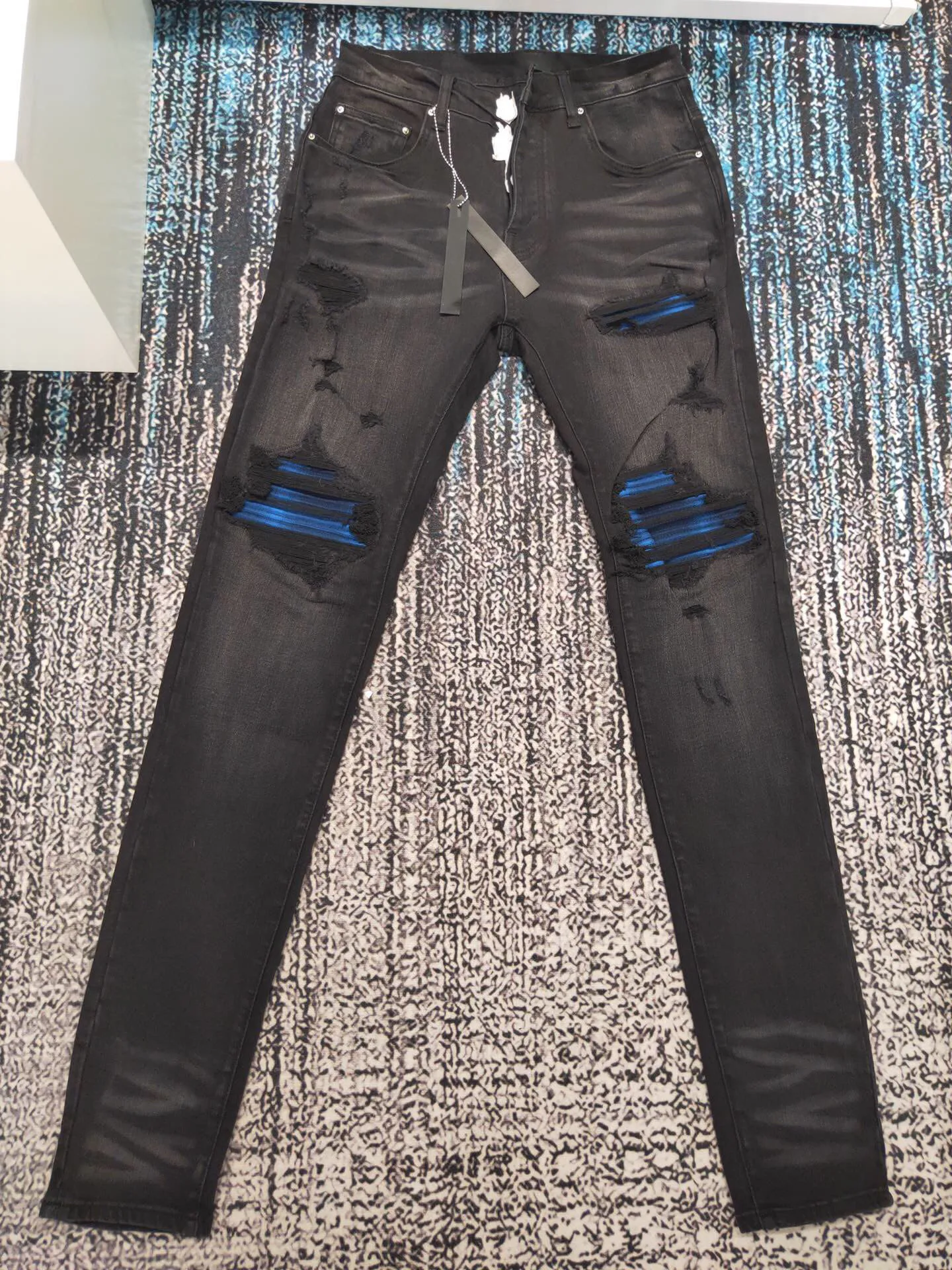 

discount rollback men blue tartan fabric patch distressed skinny black jeans