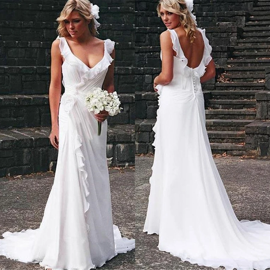 

Cheap V-neck Pleats Chiffon Sheath Backless Bride Dress Sweep Train Beach Wedding Dress 2021 robe de mariee