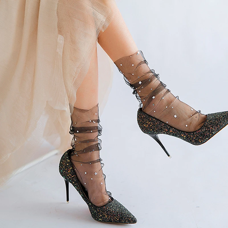 

Fashion Star Moon Tulle Socks Women Transparent Thin Long Socks Female Dress Lace Funny Socks Dress Sock Streetwear calcetines