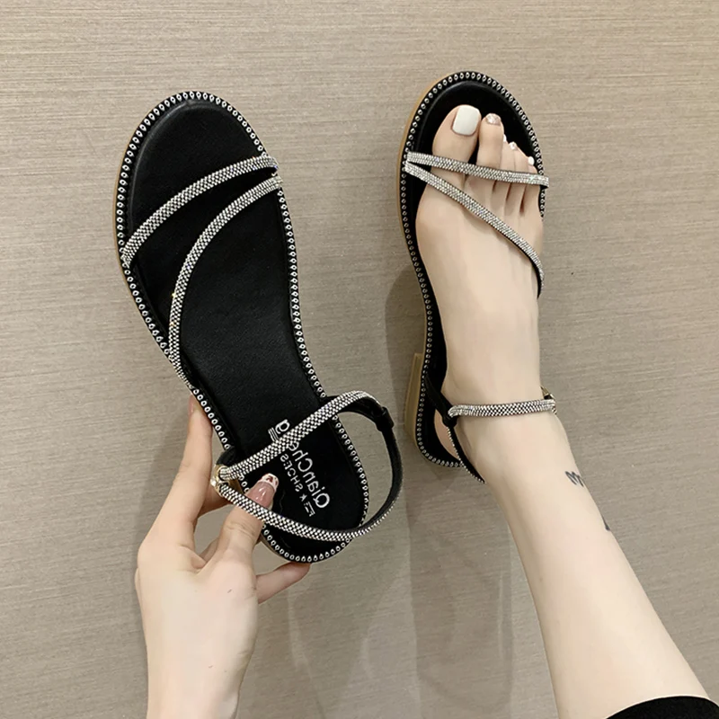 

Beige Heeled Sandals 2021 Women's Female Shoe Open Toe Black New Elastic Band Girls Comfort Peep Clear Flat Low Fashion