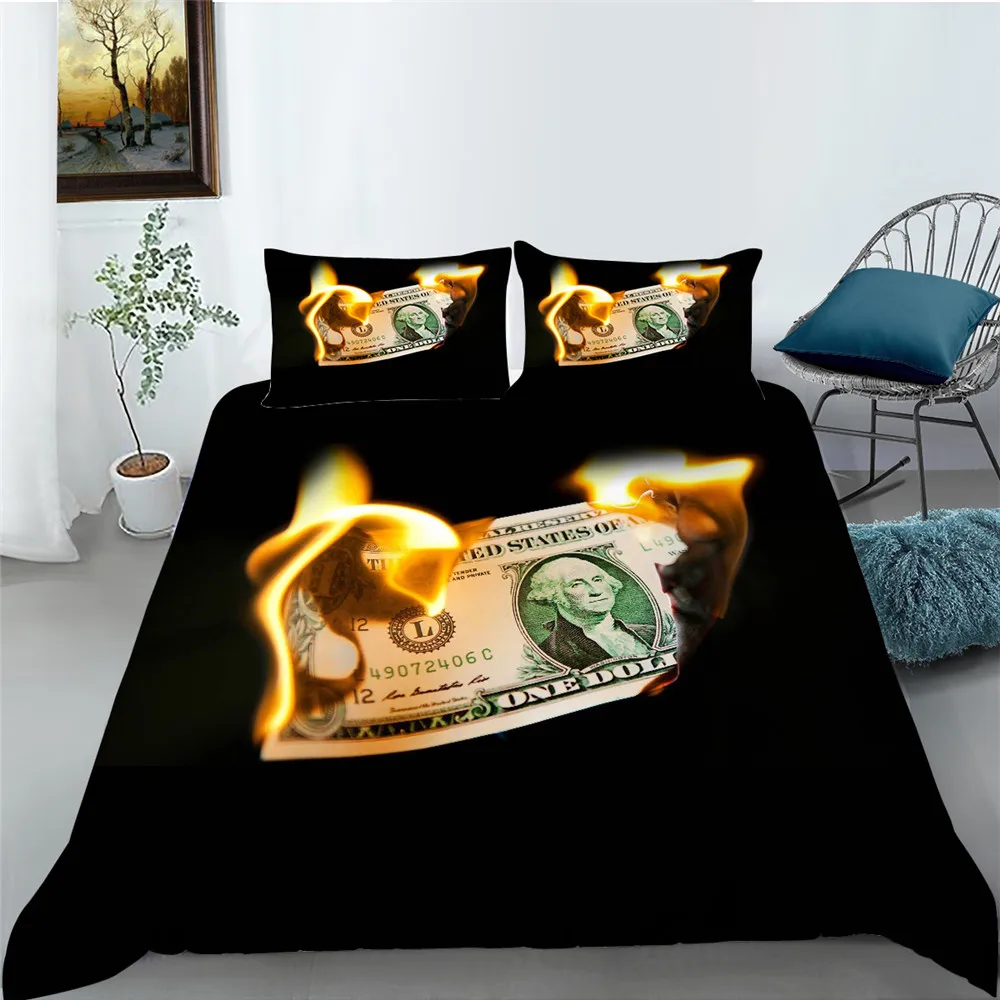 

Luxury Home Bed Clothes Creative Bedding Cover Suit Black Background Bank Note Painting Quilt Cover Set Home Textiles