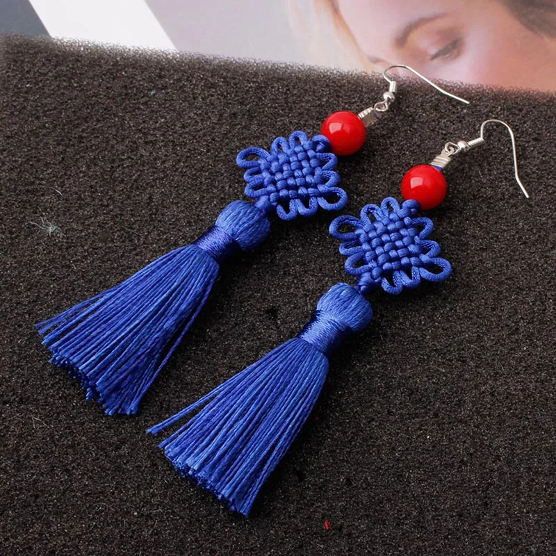 E0871BL Разноцветные Плетеные китайские серьги с кисточками и узлом для женщин, ручная работа, серьги с длинной бахромой, висячие, новинка - Окраска металла: E0871BL