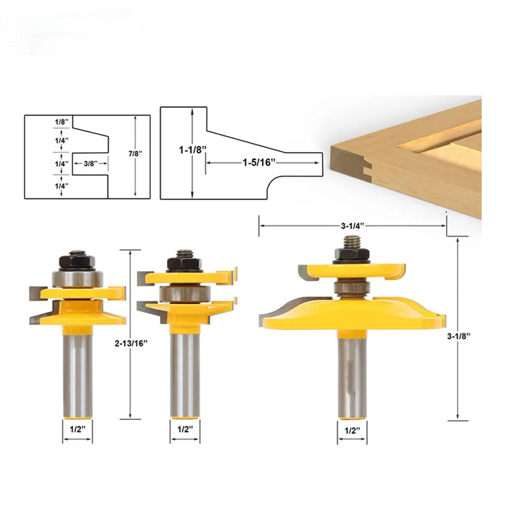 

3 Bit Raised Panel Cabinet Door Router Bit Set- Bevel- 1/2" Shank