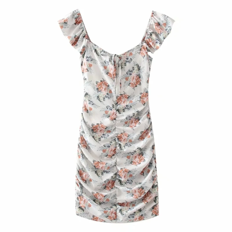 

Hot Sale Women Floral Print Sexy Hollow Lace Up Pleated Mini Dress Female Flying Sleeve Clothes Casual Lady Slim Vestido D8136