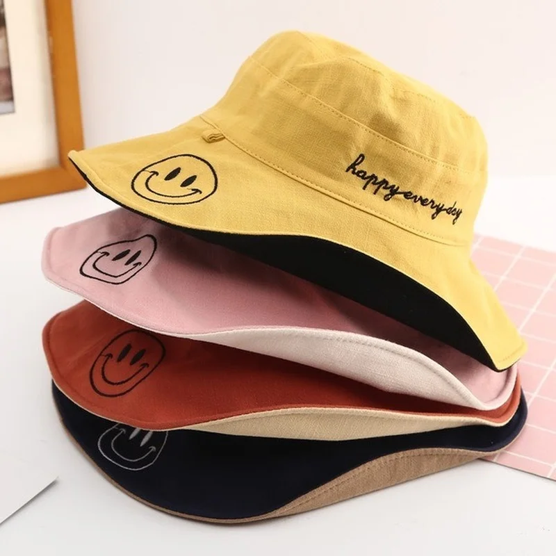 

Women's Smiley Letter Face Double-Sided Bucket Hat Trendy Sunscreen UV Panama Hat Big Brim Outdoor All-Matching Fisherman Caps