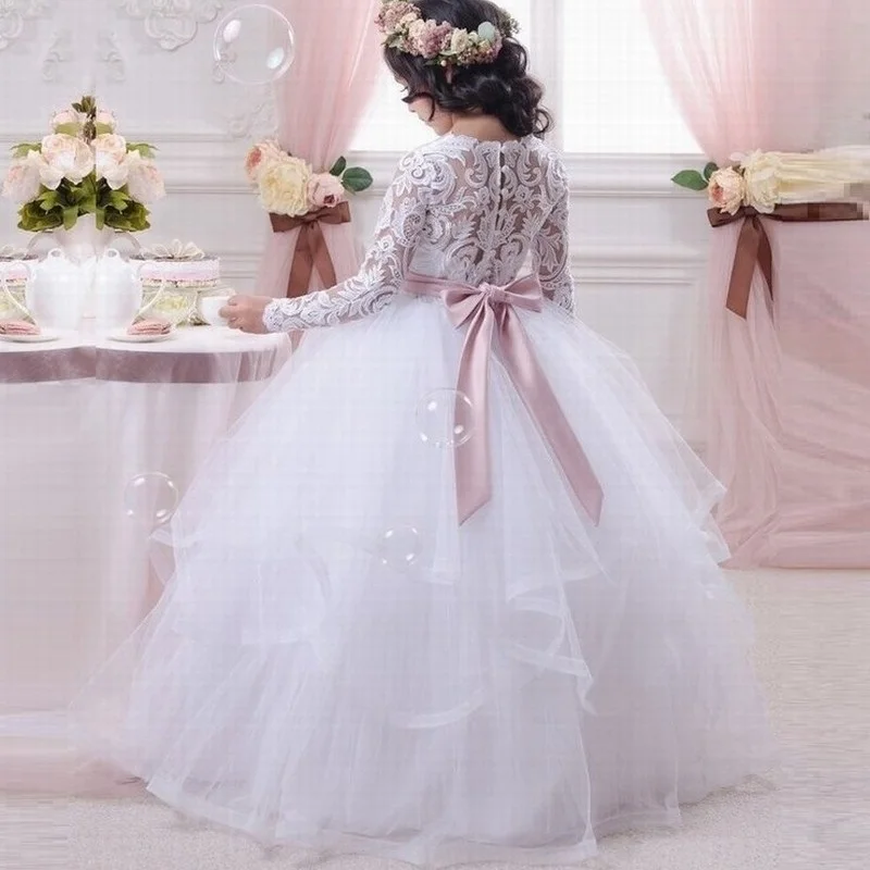 Pageant Princess Gow Lace Kids Flower Girls Dress With Long Sleeve Pink Sash Ball Gown 2020 Cheap China First Communion Dresses