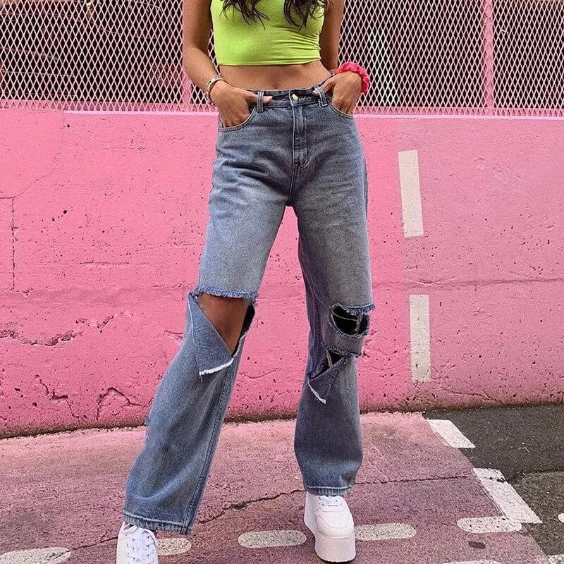 

High Waist Women's Fashion Loose Destroyed Hole Denim Mopping Pants Casual Vintage Wide Leg Jeans Trousers