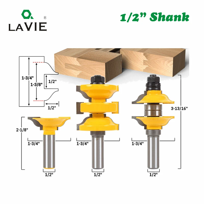 

LAVIE 3pcs 12mm 12.7mm Shank Entry Interior Tenon Door Router Bit Set Ogee Matched R&S Router Bits Carving for Wood MC03077