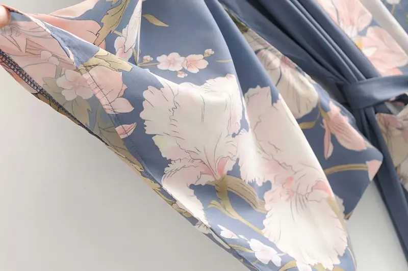 Boho Винтаж цветочный принт пояса для женщин богемный V образным вырезом рукава летучая мышь дамы блузки happie Макси кимоно Халат