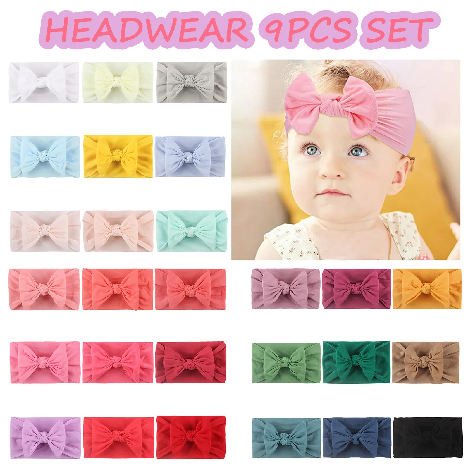 

Solid Color Hair Bands Kids Newborn Girls Baby Solid Headband Hair Band Bow 9pcs Accessories Headwears גומיות לשיער לילדות