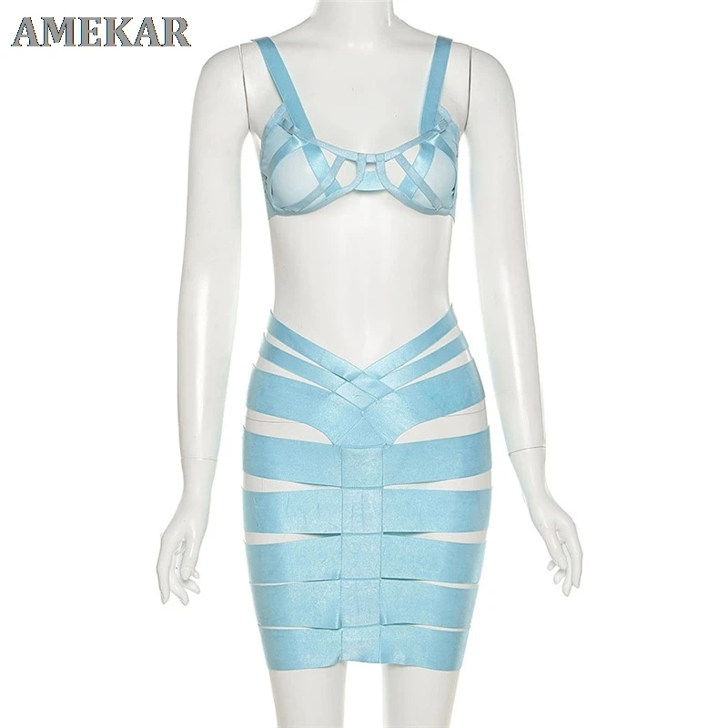 

Sexy Solid Striped Bandage Skirts Bodycon Dress Set Sheer Mesh See Through Hollow Out Crop Top + Mini Skirts Slim Two Piece Set