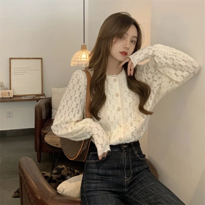 

Кружевная шифоновая блузка, Женская осенне-Весенняя новая стильная модная Сексуальная кружевная основа, рубашка с длинными рукавами-фонар...