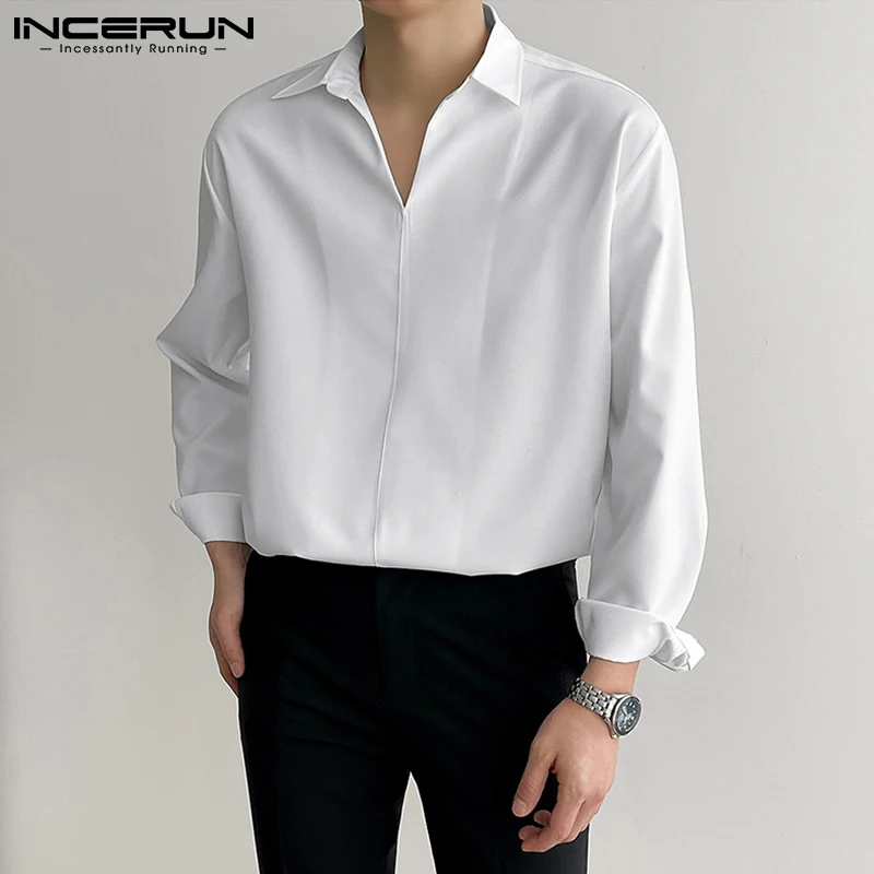 

Модная Новая мужская универсальная блузка INCERUN в Корейском стиле, однотонная Красивая свободная рубашка с воротником-стойкой и длинными ру...