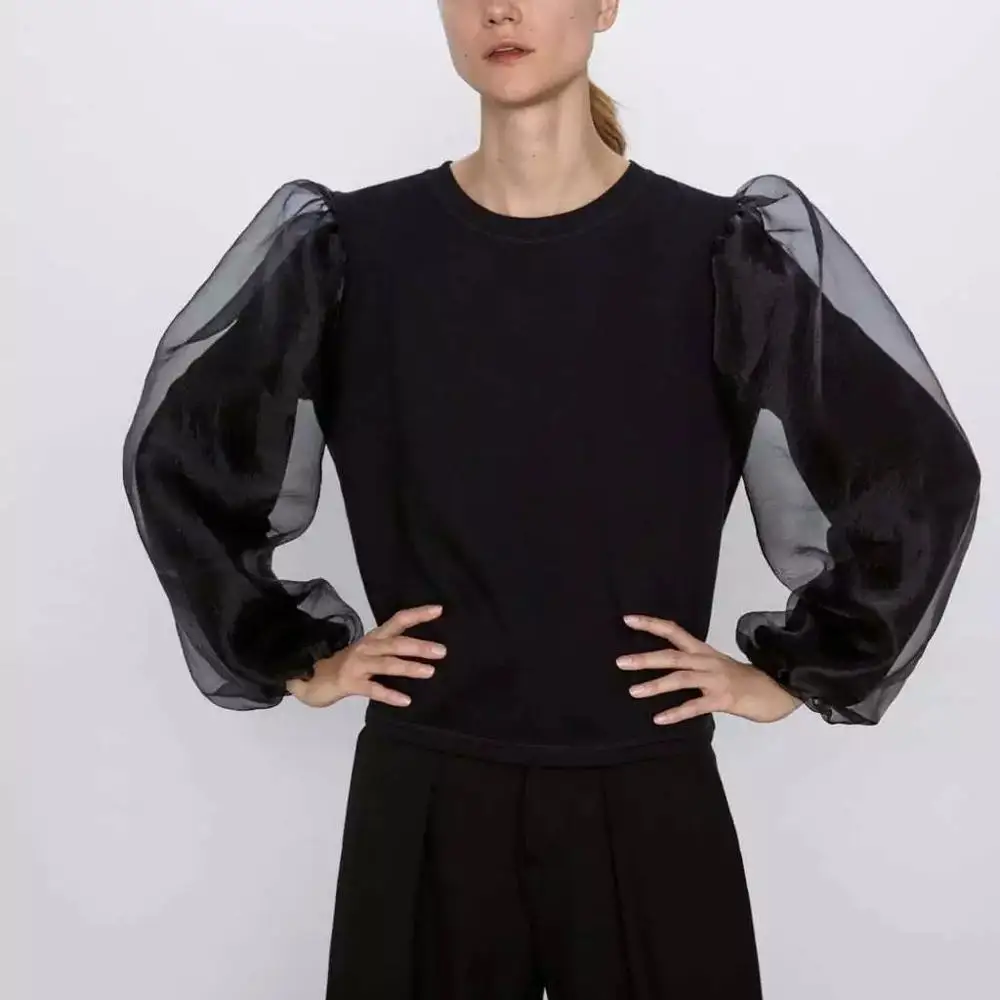 Женский кружевной шифоновый пуловер ZA Модный черный Свободный свитшот с