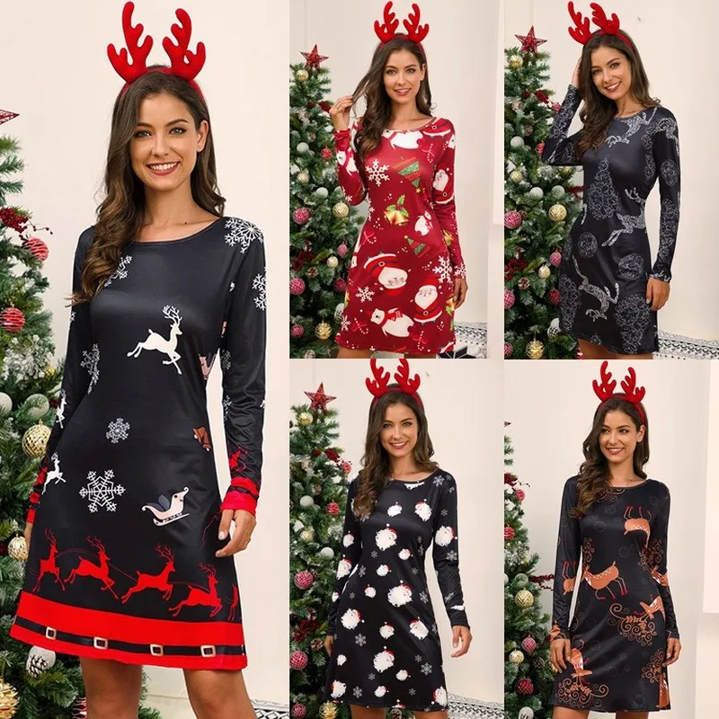 

Vintage Print Elk Dress Autumn Winter New Women Long Sleeves Round Neck High Waist Christmas A-line Slim Cute Party Plus Size